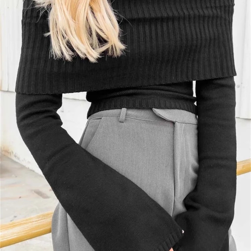 CHRONSTYLE Women Slash Neck Knitted Sweaters Tops Streetwear Long Sleeve Off Shoulder Ribbed Pullovers Slim Fit Causal Jumpers 240824