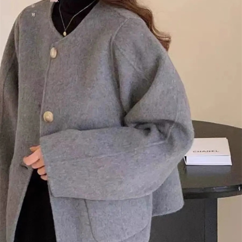 Autumn Winter Single-breasted Double-sided Coat for Women Short O Neck Loose Ladies Woolen Jacket 240822