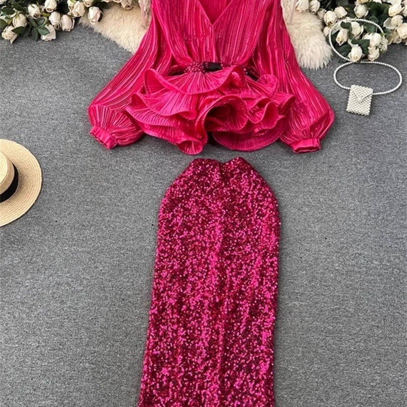 XFPV Women V-Neck Lantern Sleeve Ruffles Pleated Top Temperament High Waist A-line Skirt Two Piece Set Summer SM10901 240820