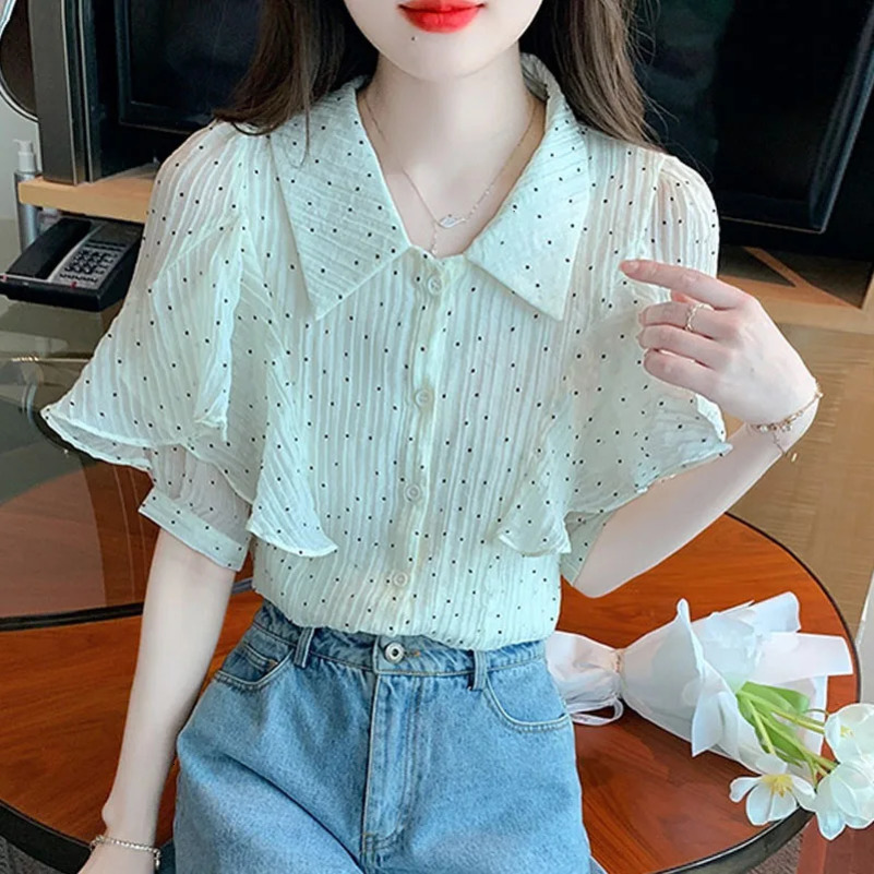 2025 Fashion Summer Turn Down Collar Women Shirt Short Sleeve Dot Chiffon Shirt Blouse Women Tops Blouses Camisas De Mujer G671 250417
