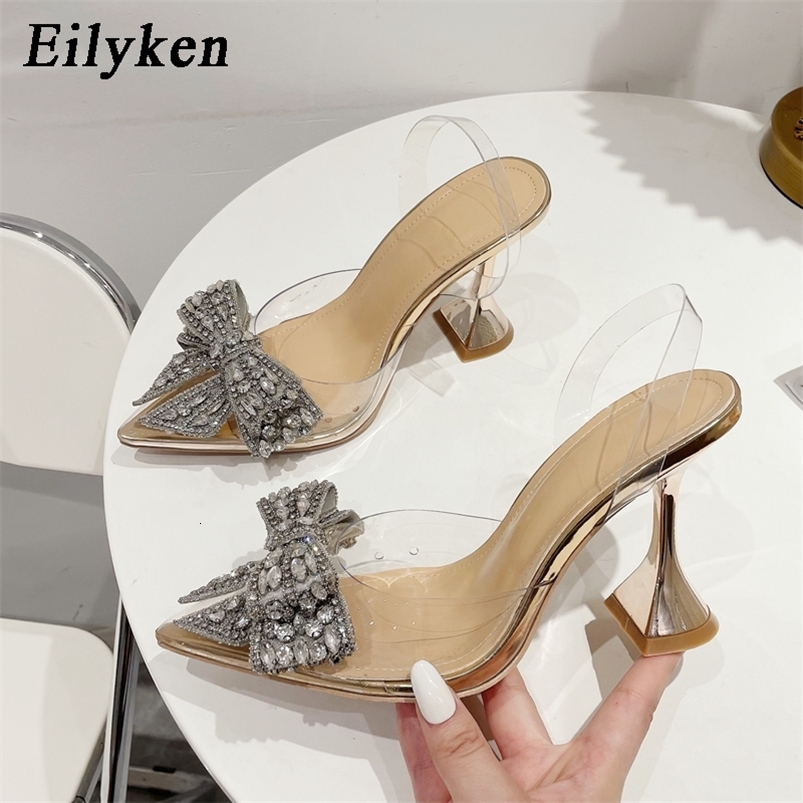 Dress Shoes Eilyken Fashion Crystal Sequined Bowknot Women Pumps Sexy Pointed Toe High Heels PVC Transparent Sandals Wedding Prom Shoes 230206