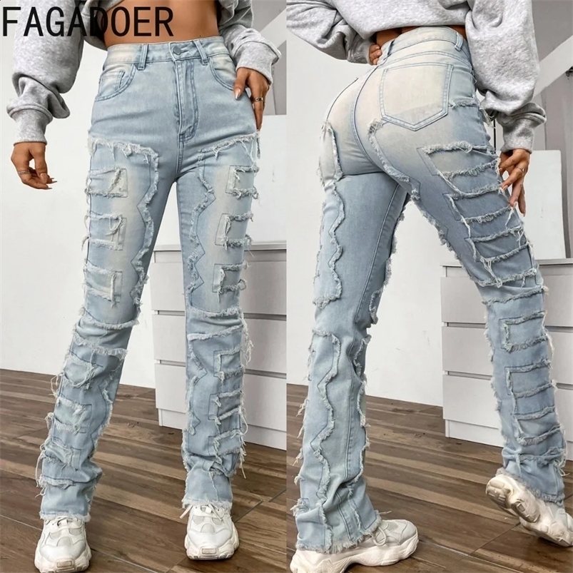 FAGADOER Embroidery Stacked Denim Pants Women High Waist Button Straight Jean Trousers Casual Elastic Cowboy Bottoms Z260313