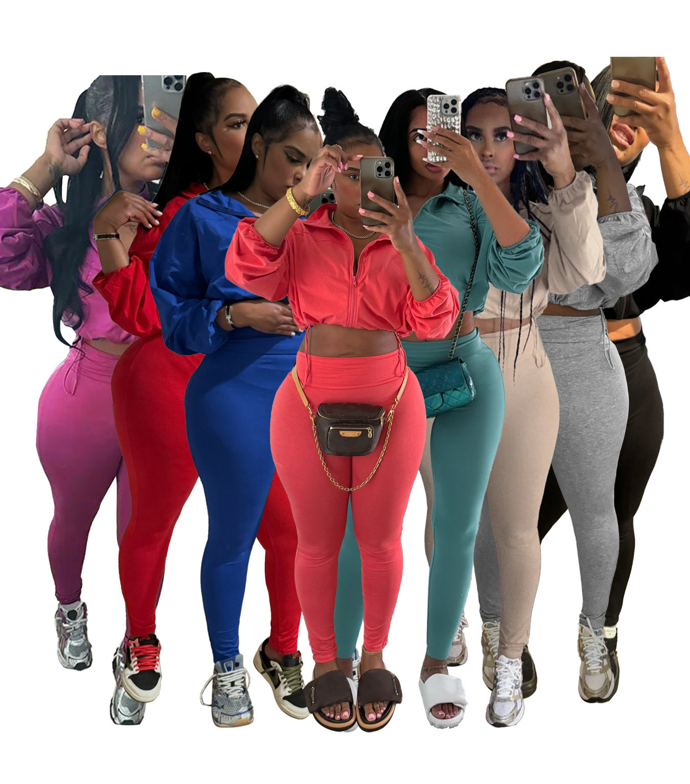 Autumn Womens Tracksuit Casual 2 Piece Set Women Sexy Drawstring Zip Neck Long Sleeve Coat Crop Top And High Waist Tight Pants Leggings Yoga Sets Outfits