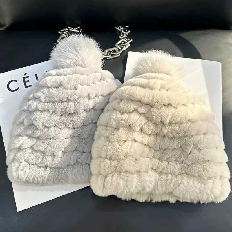 Rex Rabbit Fur Hat Fashion Baotou Hat With Big Fox Fur Ball Thickened Warm Ear Protection Hat Winter Good Elastic Real Fur Hats Z251029