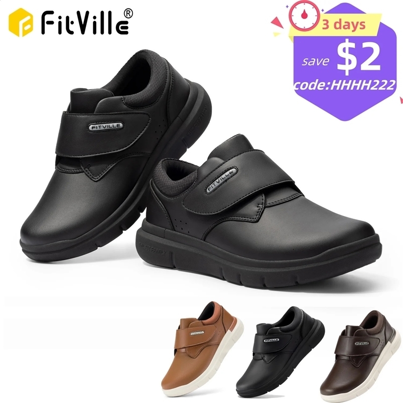 FitVille Extra Wide Mens Shoes Leather Diabetic Shoes Walking for Elder Orthopedic Toes Swollen Feet Non-Slip Arch Support 240909