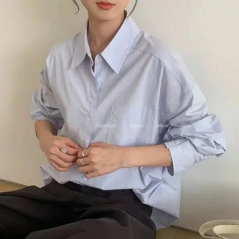Fashion Women Blouses 2025 Turn-down Collar Solid Color Korean Spring Summer All-match Long Sleeve One Size Midi Womens Shirt 250313
