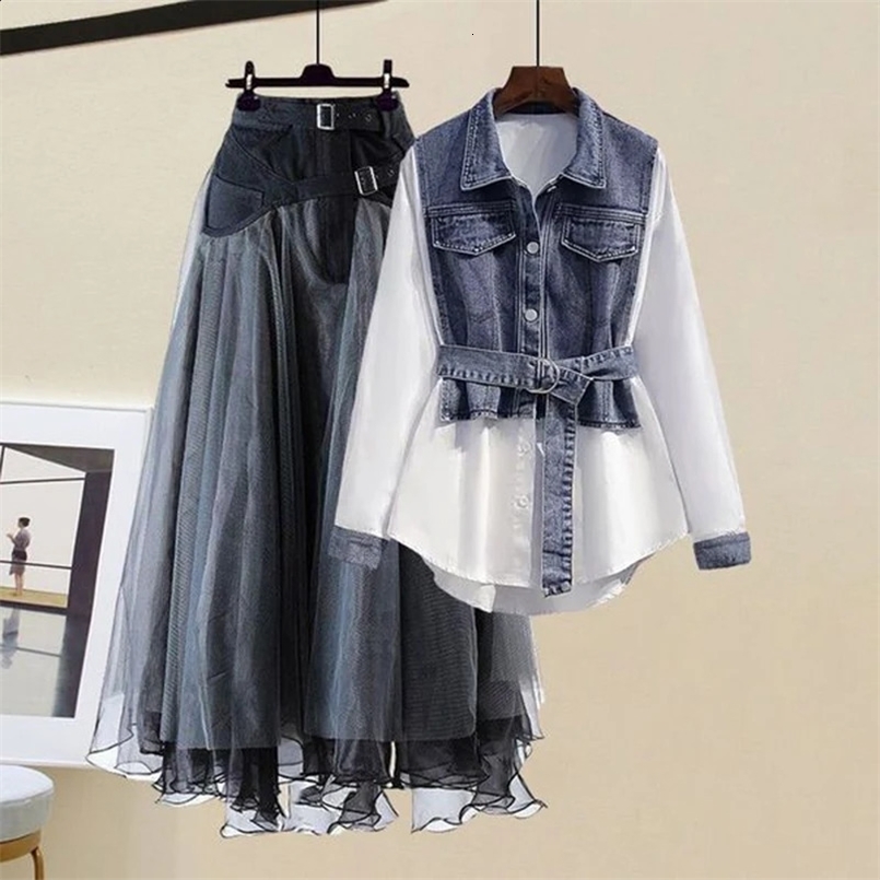 Spring Autumn Large Size Two Piece Skirt Set Streetwear BlouseTulle A-Line Floral High Waist Skirt Two Piece Skirt 240820