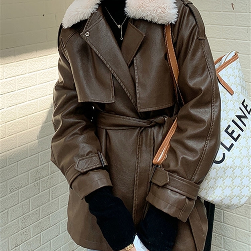 Women's Fur Faux Syiwidii Leather Coat Winter Jacket Women Fall Lamb Wool Warm Locomotive with Sashes Korean Fashion PU Outwear 221116