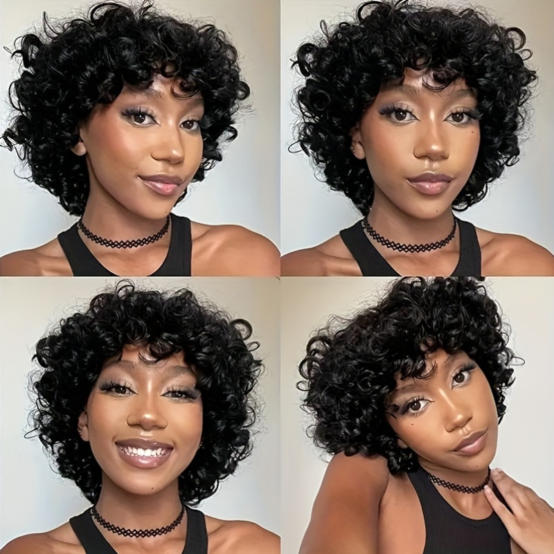 Women's 100% Human Hair Short Bob Afro Pixie Cut Wig Loose Curls with Bangs 180% Density Bouncy Curls Rose Cap Glueless Wig for All Ethnicities