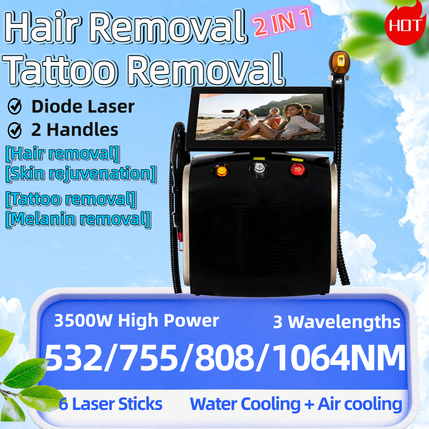 2 in 1 Diode Laser Hair Remova Ice Painless Alexandrite Picosecond Laser Tattoo Removal Multi-function cooling system beauty