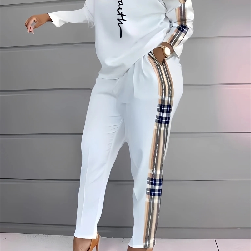 Womens printed two-piece set round neck casual long sleeved T-shirt top and pants 2-piece autumn/winter 240826