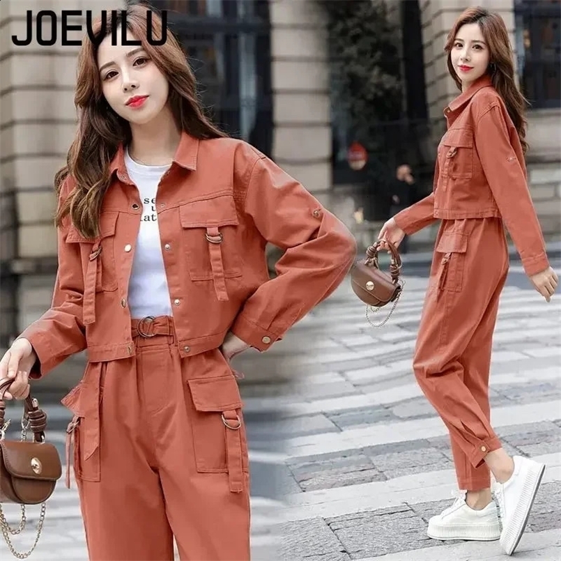 JOEVILU 2PCS Streetwear Tracksuit Cargo Coat Casual Pants 2 Piece Sets Womens Outfits Spring and Autumn Korean Fashion Y2k Suit 240820