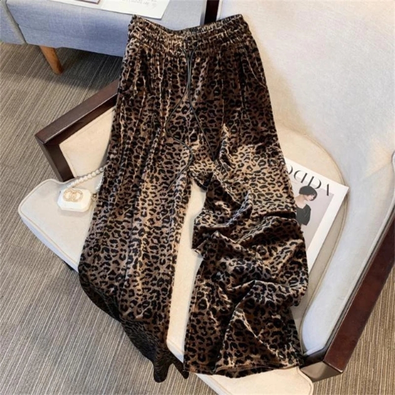 Deeptown Retro Leopard Harajuku Womens Pants Animal Printed Elastic Waist Wide Leg Bag Trouser American Retro Autumn Casual 241021