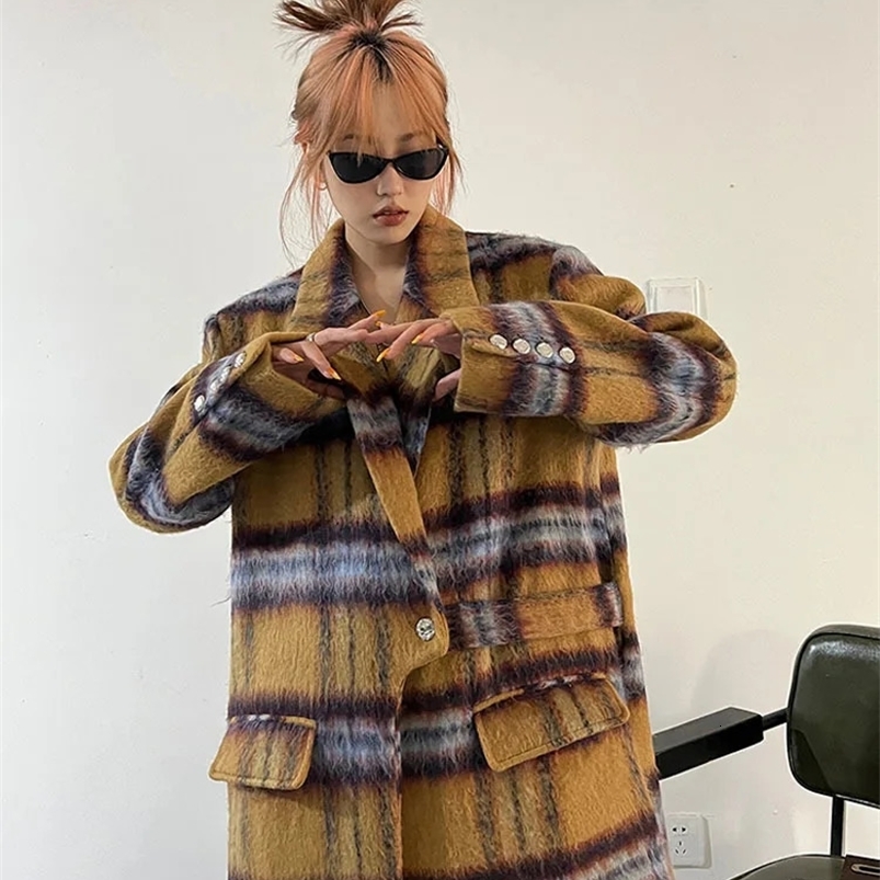 Loose Fit Yellow Plaid Big Size Long Woolen Coat Parkas Lapel Long Sleeve Women Fashion Autumn Winter 240822