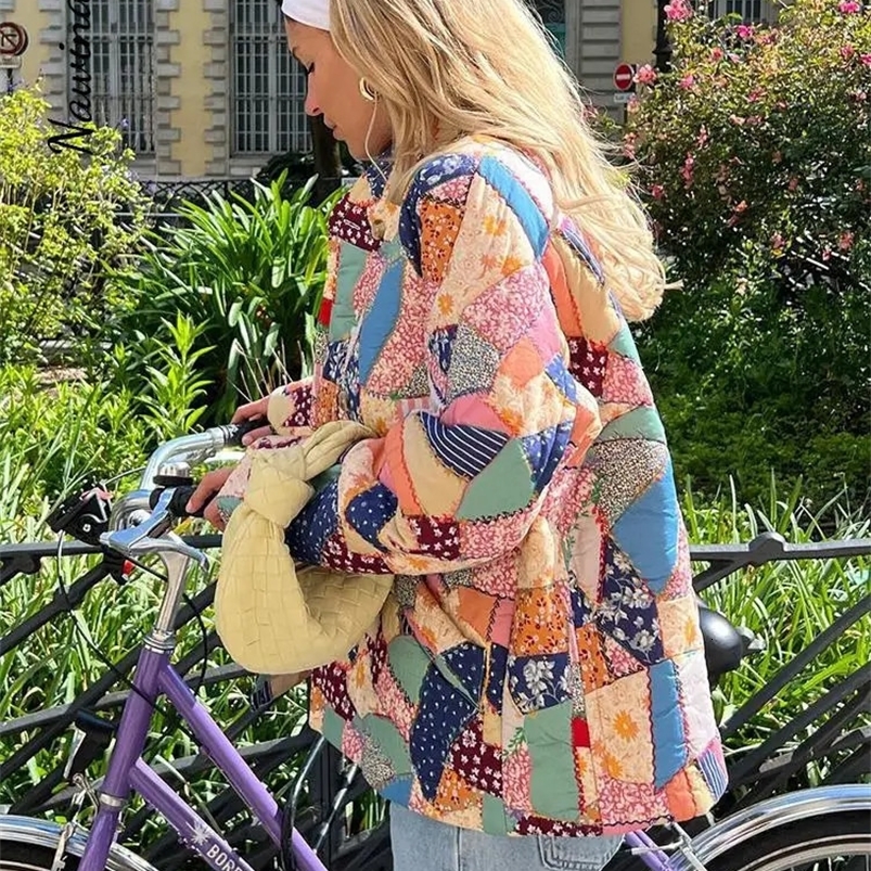 Women Floral Print Cotton-padded Jacket Vintage Long Sleeve Single Breasted Short Coat Female Casual Loose Ladies Streetwear 240819