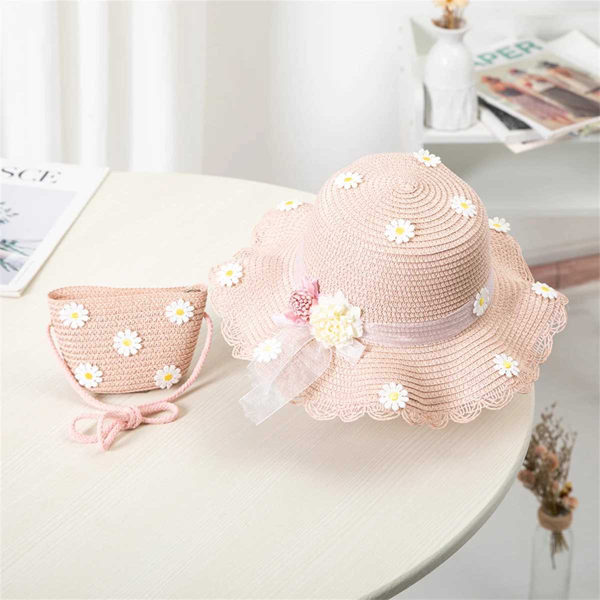 Kids Sun Hat Girls Summer New Straw Bag Cap Set Baby Travel Sun Protection Beach Hats Sun Fisherman Hat Z251029