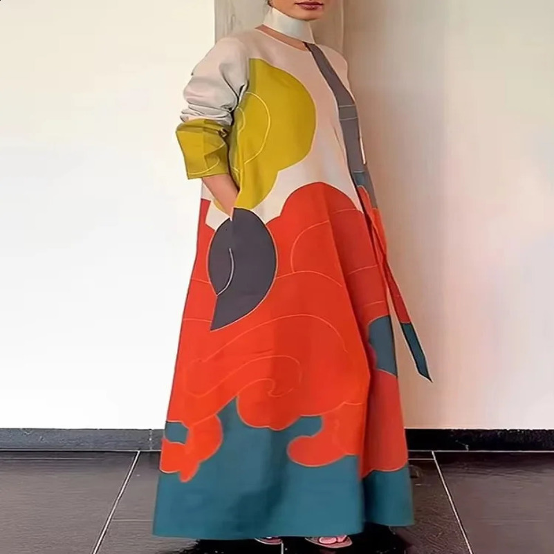 Freeacy 2025 Spring Stylish Dress for Women Contrast Color Long Sleeves Loose Fit Maxi Dress with Scarf Casual Party Dresses 250122