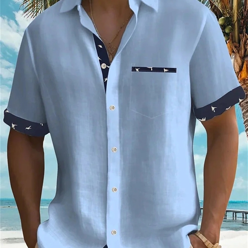solid color summer shirt mens Hawaiian shirt casual fashion street short sleeve beach holiday party mens pocket shirt 5XL 240529