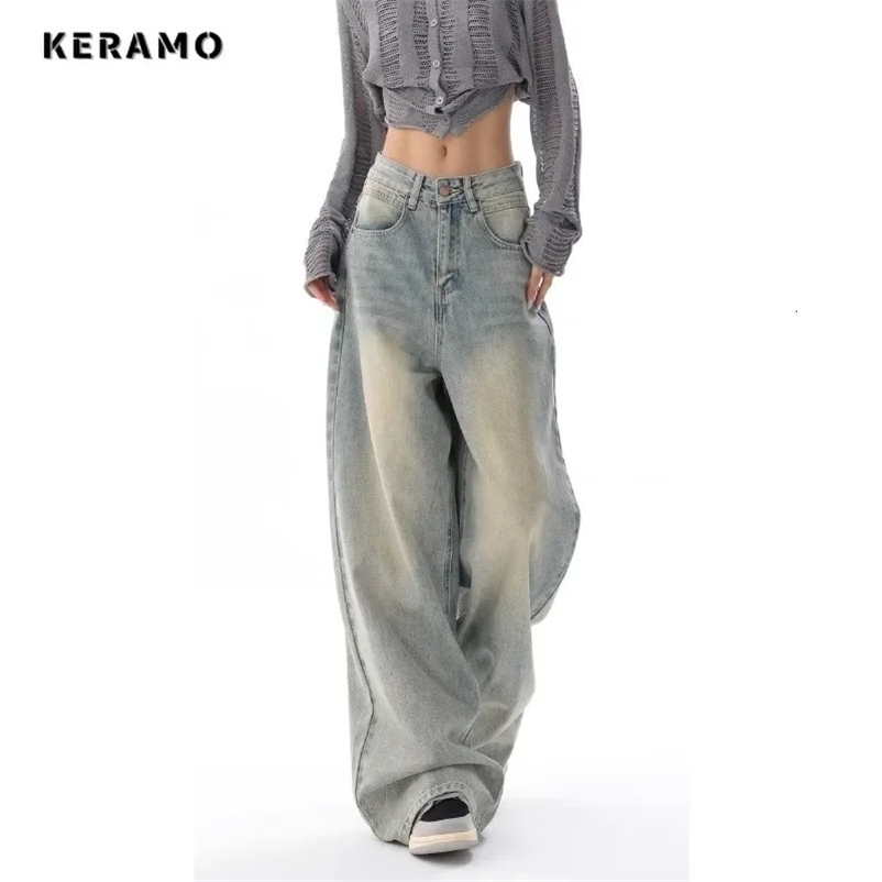 Korean Vintage Casual Waist High Strt Style Light Blue Straight Jeans Pants Womens Wide Leg Baggy Y2K Denim Trouser Z260313