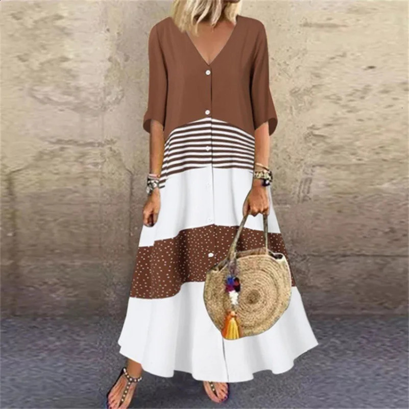 Vintage Print Maxi Dress Women Spring Summer Casual V-neck Short Sleeve Button Oversize Loose Dress Elegant Long Dresses Female 250313