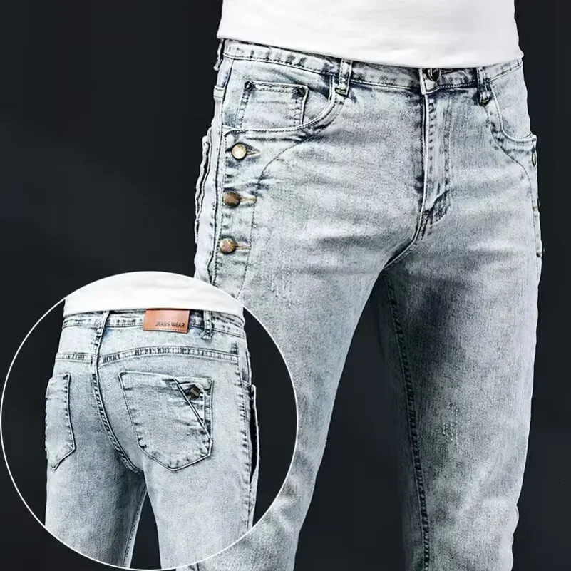 Mens Slim Elastic Skinny Jeans Korean n Fashion Multi-Button Vintage Washed Cotton Stretch Denim Pants Male Trousers 250605