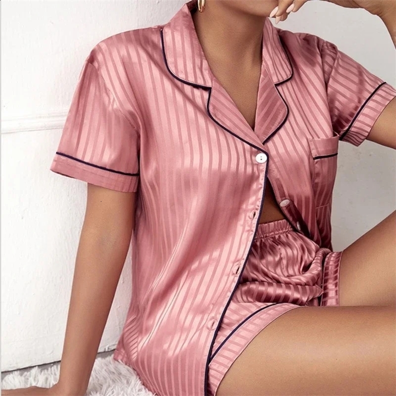 2024 Women Sleepwear Summer Pajama Set Turn Down Collar Faux Silk Satin Short Sleeve TopShorts Female Pijama Homewear Suit 240815