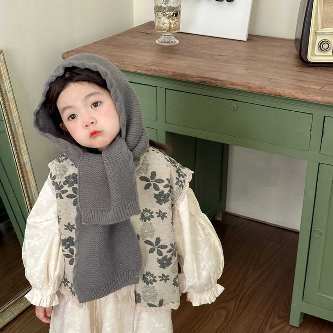 Korean Girls Balaclava Scarves Cap Solid Color Woolen Hat Children Scarf Fashion Kids Knit Shawl 210Year Winter Warm Headgear Z251029