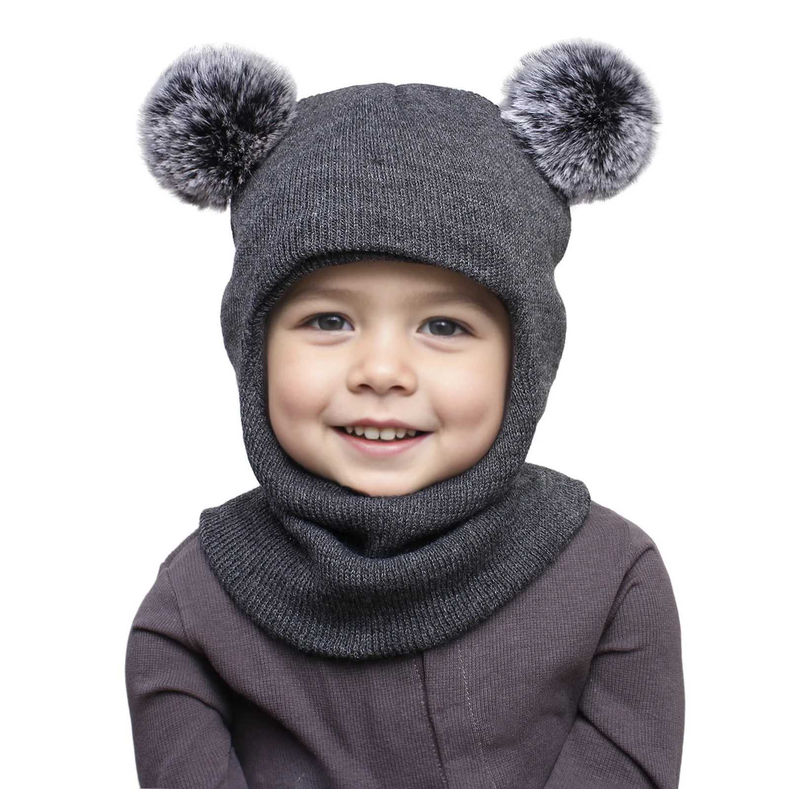 312Y autumn and winter doubleball pullover cap childrens doubleball earprotecting onepiece cap solidcolor cute woolen o Z251029