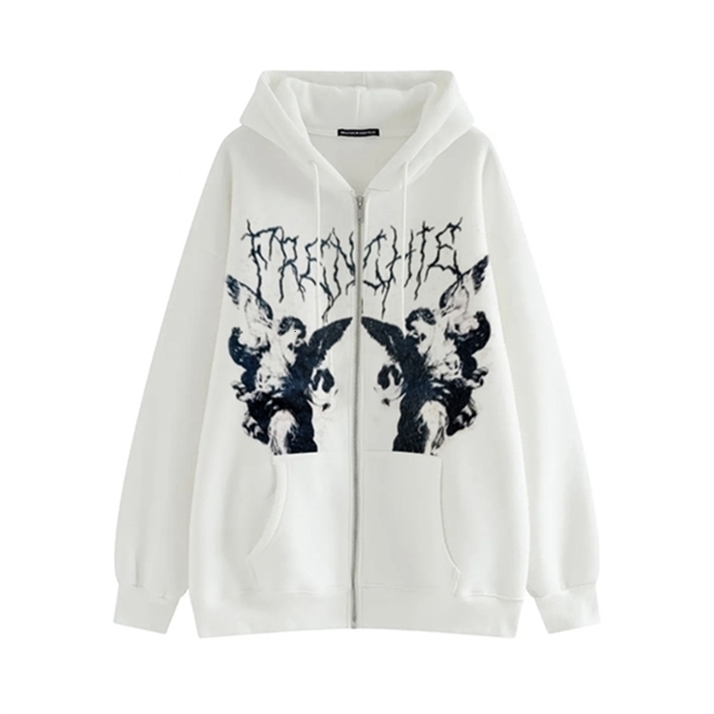 Women's Y2K Hoodie Zip-up Sweatshirt Angel Printing Jacket Loose Long Sleeve Pockets Streetwear Hip Hop Fashion Men Women Coat 220817