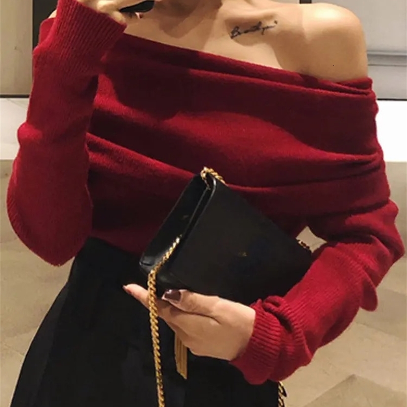 OCEANLOVE Slash Neck Solid Women Sweaters Korean Fashion Vintage Autumn Winter Pullovers Elegant Off Shoulder Slim Pull Femme 240824