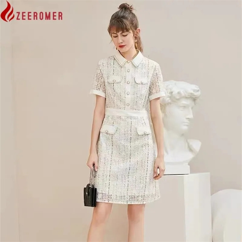 Summer Korean High-end Plaid Tweed Dress Women Turn-down Collar Midi Dress Vintage Elegant Office Short Sleeve Lace Party Dress 240529