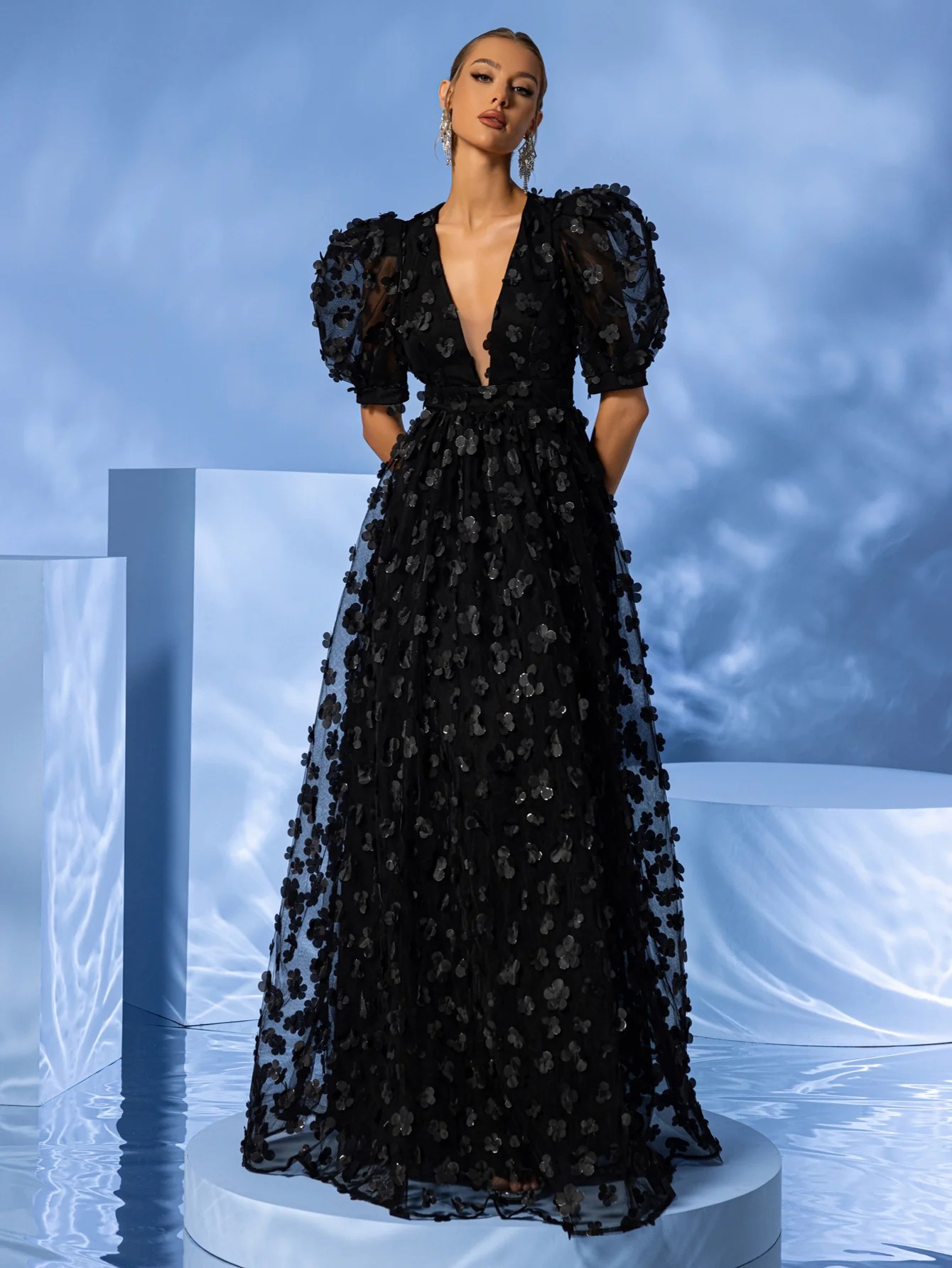 2025 New French Fashion Women's Elegant Prom Black High Neck Long Sleeve A-Line Mini Dress 23551
