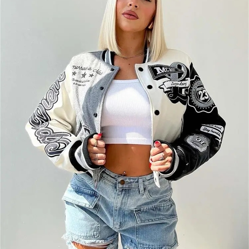 Akaily Gray Fashion Graphic Print Bomber Jackets Streetwear Outfits Women Fall Winter Button Fly Patchwork Baseball Jackets 240827