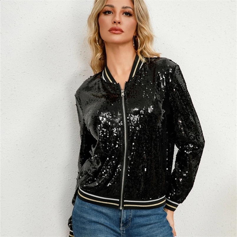 Spring Autumn Golden Black Sequined Jacket Women Patchwork Stand Collar Long Sleeve Short Coat Top Baseball Uniform 39972 240827