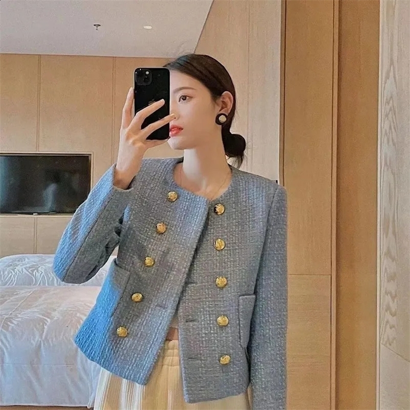 Lucyever Blue Double-Breasted Short Coat Woman Korean Fashion Long Sleeve Office Lady Tweed Jacket Elegant Street Wear Clothing 240821