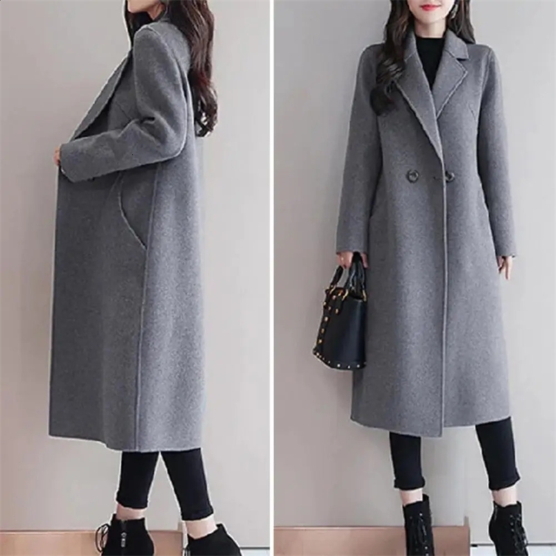 Autumn Winter Woolen Coat Stylish Womens Woolen Coat Lapel Long Sleeve Two Buttons Pockets Autumn/winter Mid-length Cardigan 240822