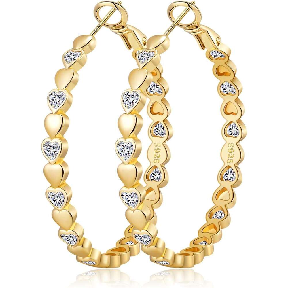 Heart Cubic Zirconia Large Hoop Earrings for Womens Sier 14k Gold Plated Hypoallergenic Rhinestone Hoops Earring Sparkly Jewelry Gift 30/40/50/60mm