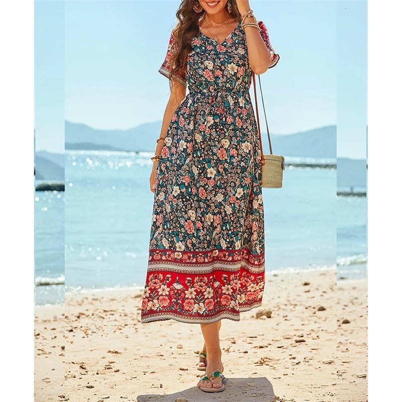 Bohemian V-Neck Floral Print Dresses Women Summer Casual Short Sleeve Midi Dress Beach Boho Elegant Fashion Long Skirts Female 240529