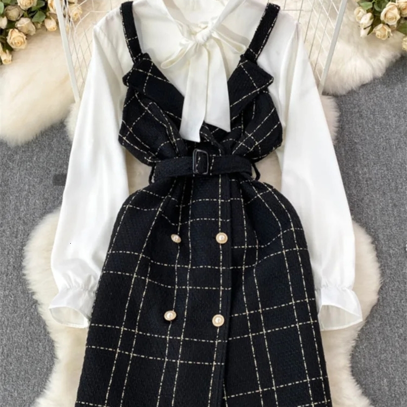 XFPV Womens Sweet Strap Wind Waist Wrapping Tweed A-line Dress Two Piece Set Bow Shirt Fashion Spring Summer SM11386 240820