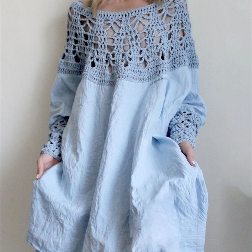 Fashion Dress for Women Solid Color Loose Fit Midi Dress Hollow Out Patchwork Long Sleeve Dress Female Outfits 240822