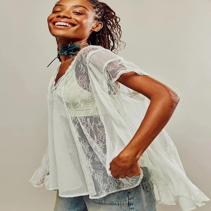 Women Llace See-through Blouses Summer Oversized Short Sleeve V-neck Tops Y2K Fairy Grunge Shirts Blouses Streetwear 250313