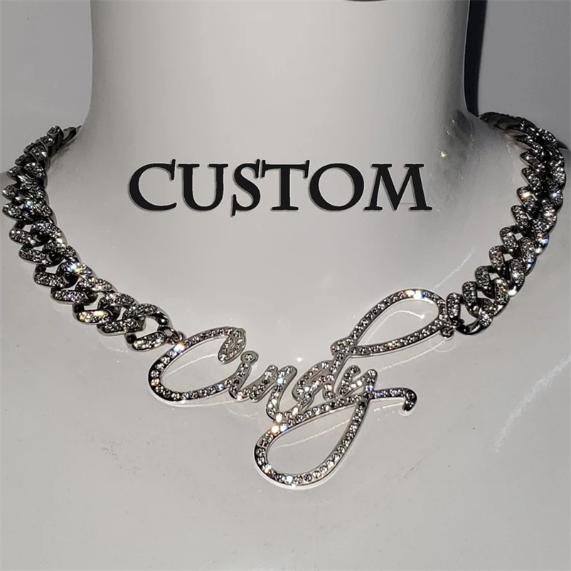 Customized Stainless Steel Words Name Necklace 1.2cm Rhinestone Cuban Chain Miami Cuban Link for Men Women Hip hop Jewelry 240514