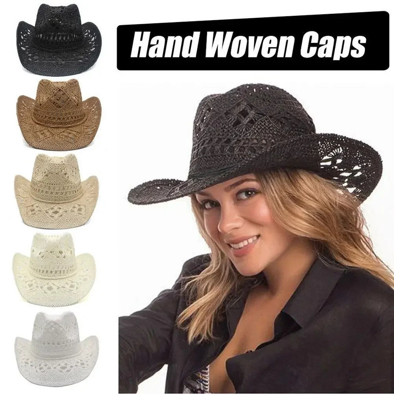 Summer Outdoor Men Women Handwoven Western Cowboy Straw Hats Wide Brim Breathable Beach Jazz Cap Sun Protection Hat 240604