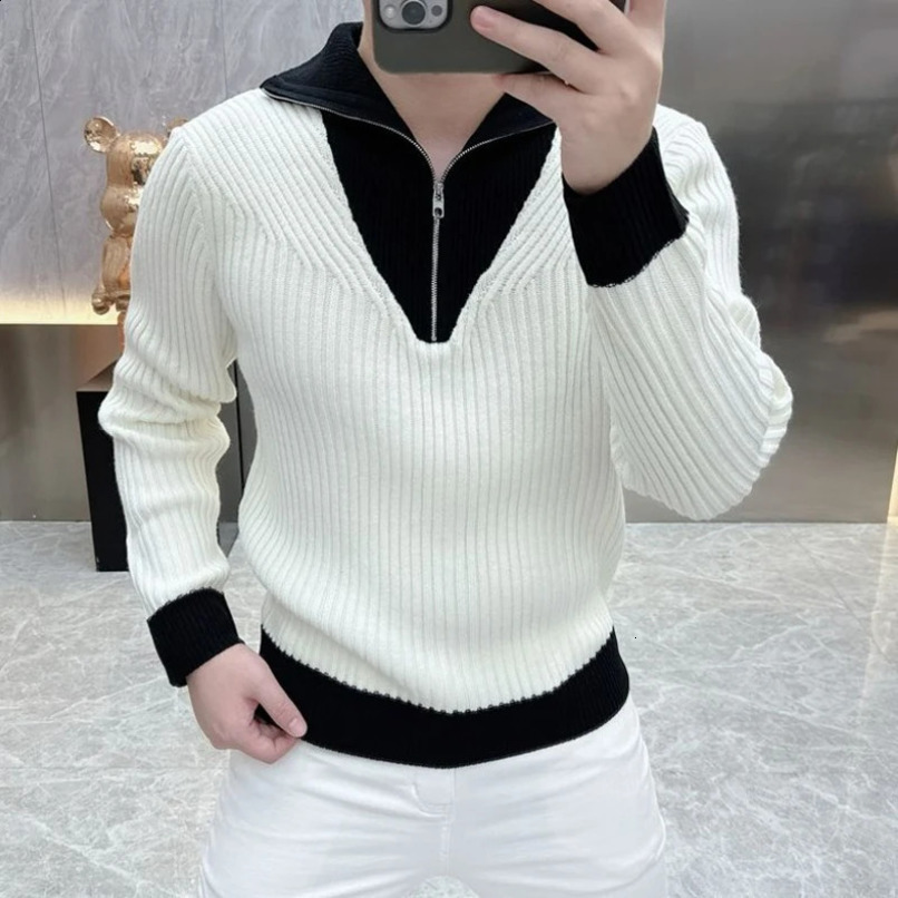 Men Korean Fashion Black White Contrast Color Business Casual Knitted Sweater Half Zipper Polo Collar Long Sleeve Slim Pullovers 250113