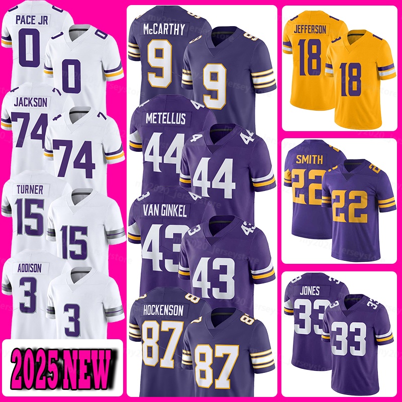 9 JJ McCarthy Football Jerseys 18 Justin Jefferson 44 Josh Metellus Andrew Van Ginkel Smith Hockenson Pace Jr Turner Jackson Aaron Jones Christian Darrisaw Addison