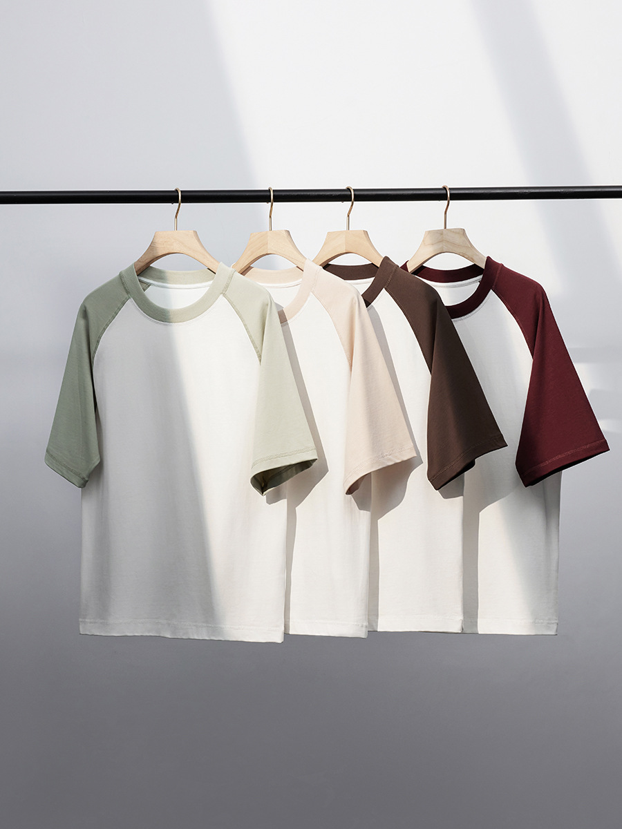 Unisex Loose Raglan Sleeve T-Shirt Cotton, Color Block, Non-See-Through Short Sleeve, Comfortable Summer Undershirt for Men & Women-75Z