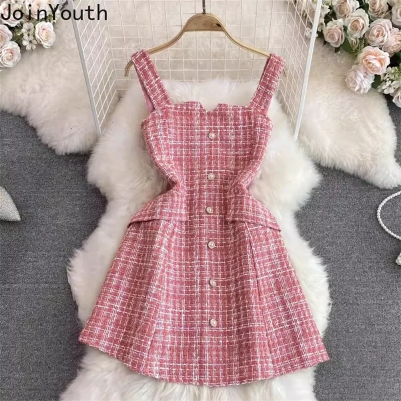 Vestidos De Mujer Korean Dresss for Women Slim Waist Sleeveless Tunic A-line Tweed Robe Femme Vintage Temperament Dress 240529