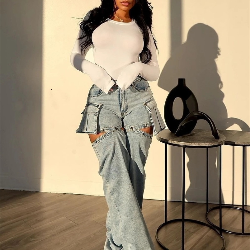 CM.YAYA Women Streetwear Zipper Fly Pocket Side Cargo Straight Denim Pants Safari Button Splicing Wide Leg Jeans Trousers Z260313