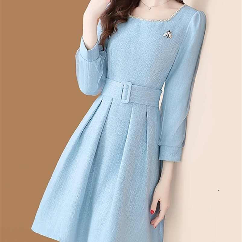 EVNISI Elegant Solid Tweed Dress With Belt Women Square Collar Diamonds Shiny Bee Brooch Vintage Dresses Office Lady Vestidos 240529