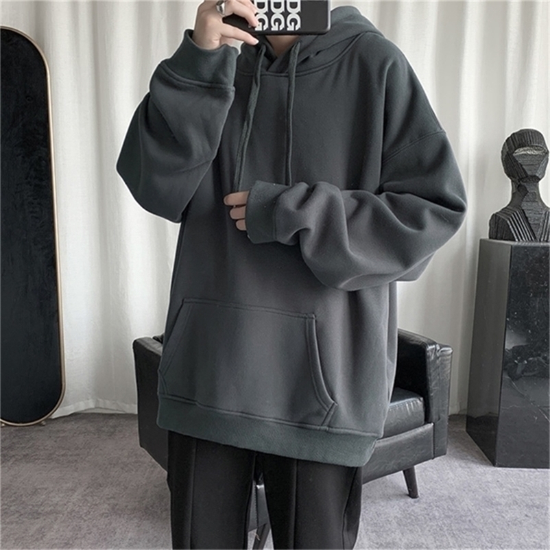 HybSkr Korean Men's Solid Color Sweatshirt Hoodies Casual Hooded Pullovers Hoodie Warm Fleece Male Loose Man Clothing 3XL 220813